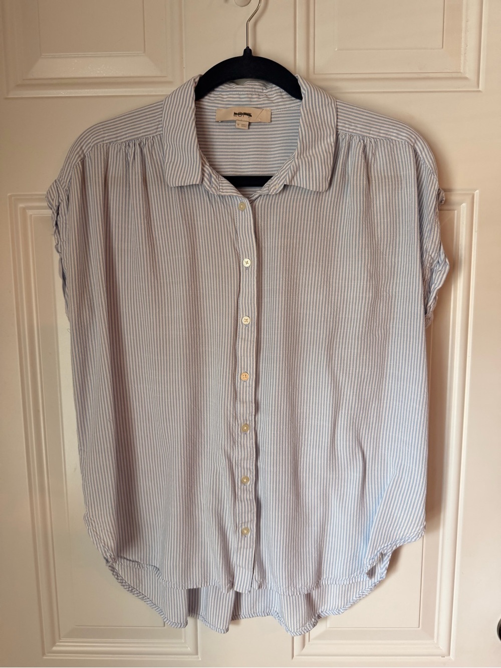 LOFT Light Blue and White Striped Casual Button-Down Shirt